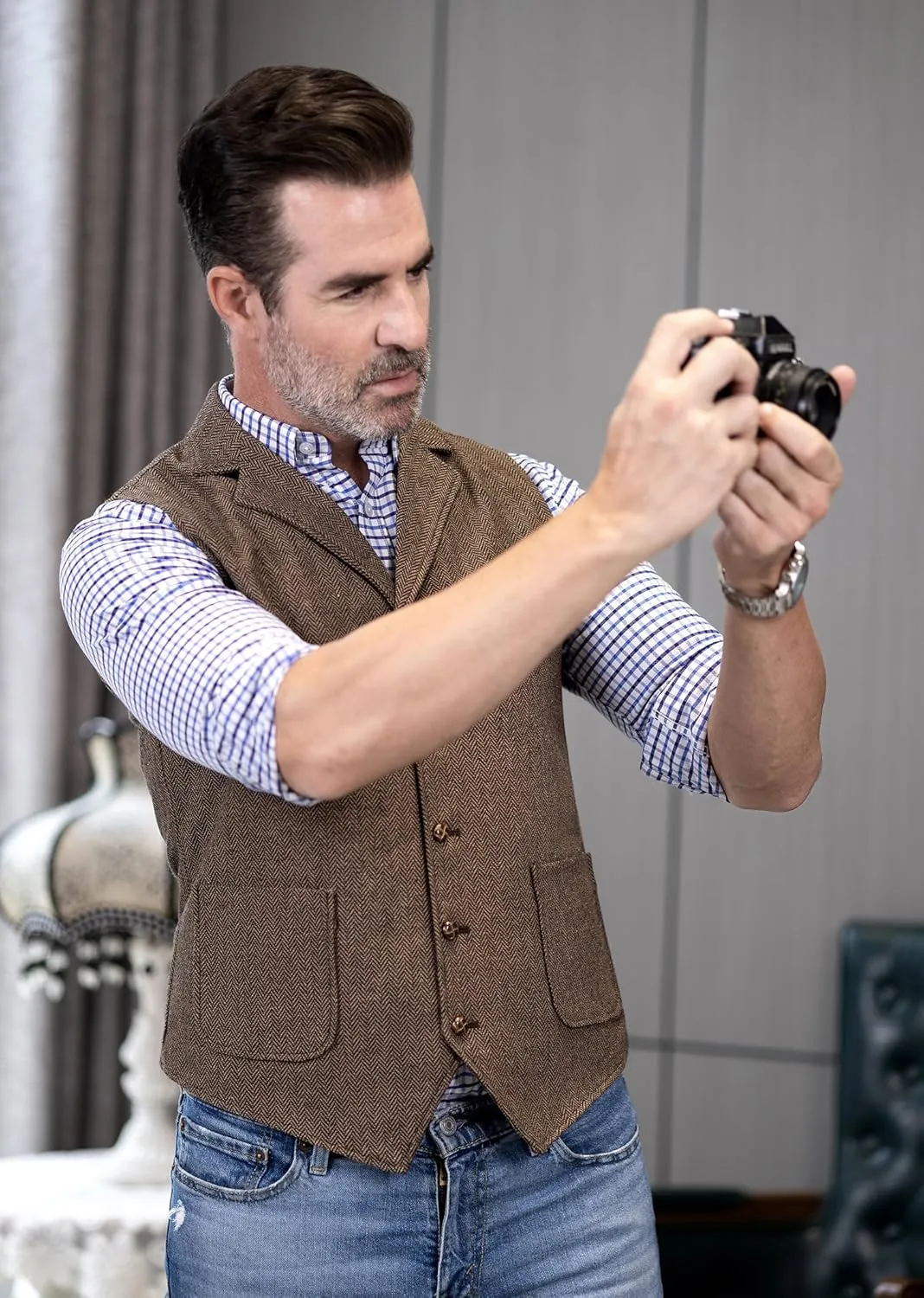 Mens Retro Suit Vest Tweed Wool Regular Fit Dress Waistcoat Herringbone for Jacket