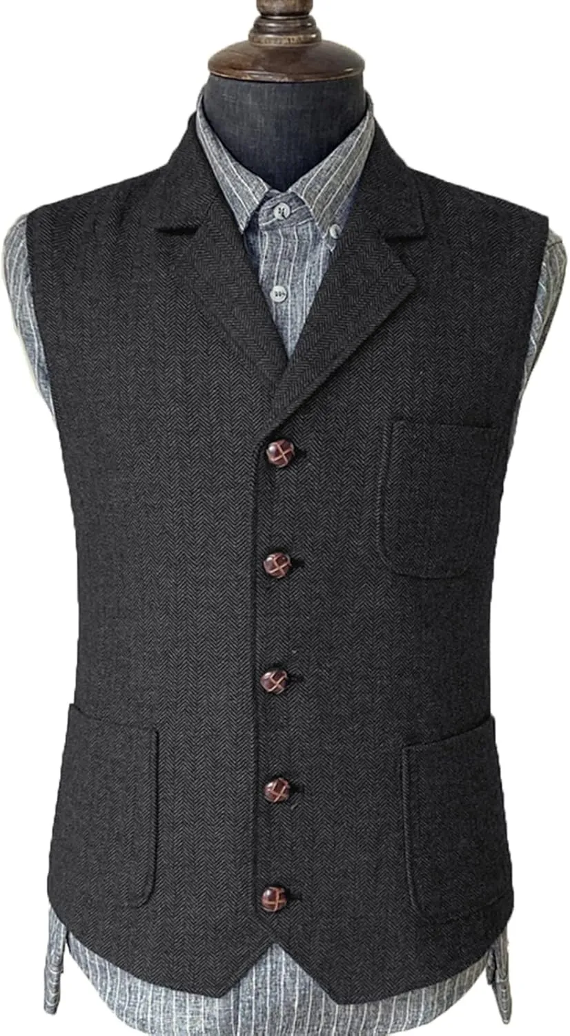 Mens Retro Suit Vest Tweed Wool Regular Fit Dress Waistcoat Herringbone for Jacket