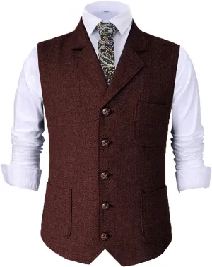 Mens Retro Suit Vest Tweed Wool Regular Fit Dress Waistcoat Herringbone for Jacket