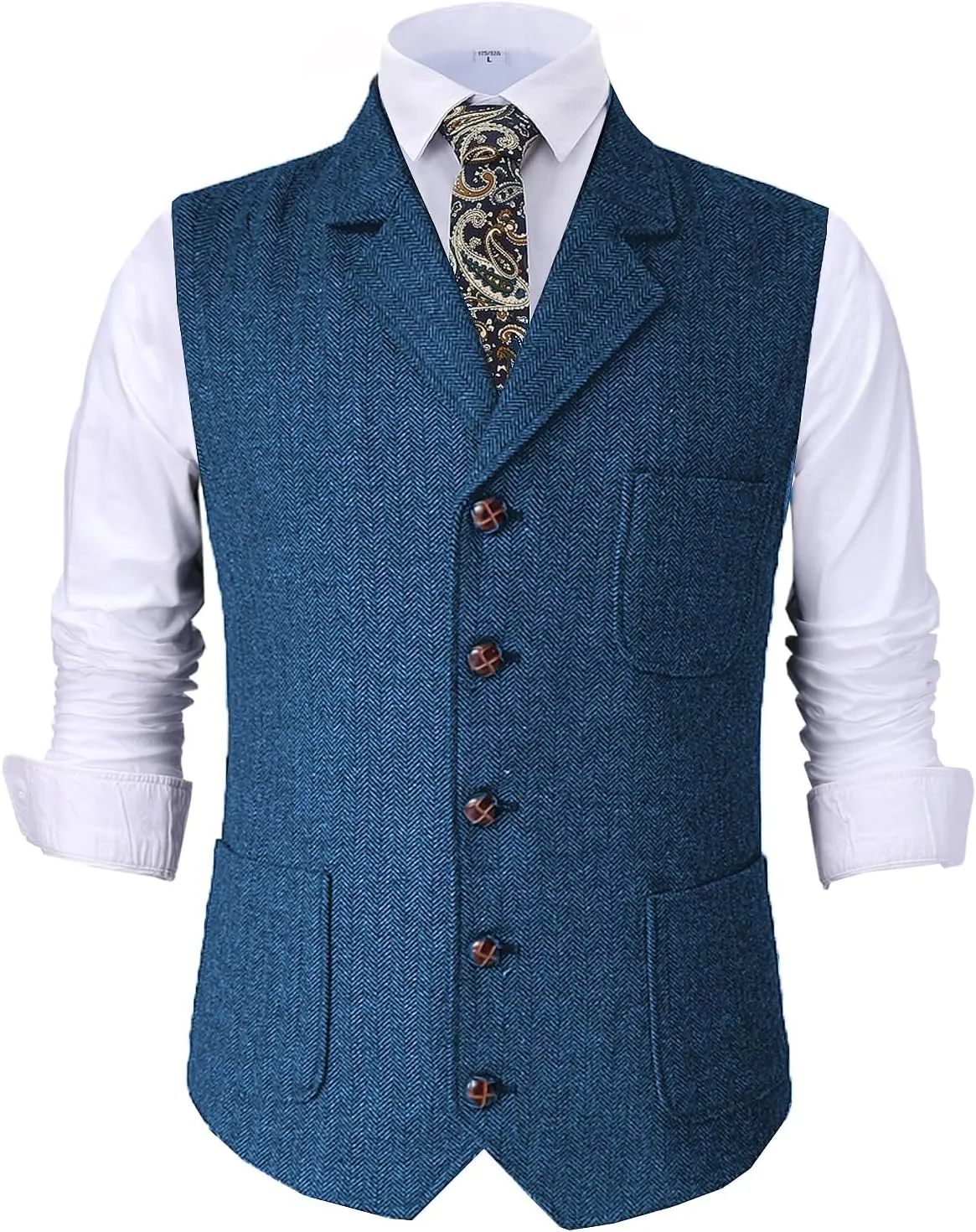 Mens Retro Suit Vest Tweed Wool Regular Fit Dress Waistcoat Herringbone for Jacket
