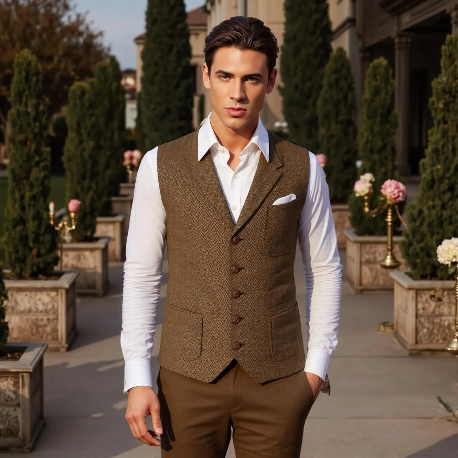 Mens Retro Suit Vest Tweed Wool Regular Fit Dress Waistcoat Herringbone for Jacket