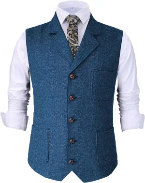 Mens Retro Suit Vest Tweed Wool Regular Fit Dress Waistcoat Herringbone for Jacket