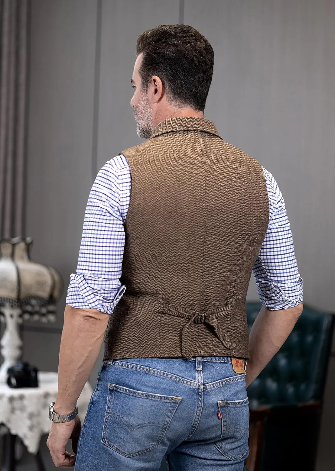 Mens Retro Suit Vest Tweed Wool Regular Fit Dress Waistcoat Herringbone for Jacket