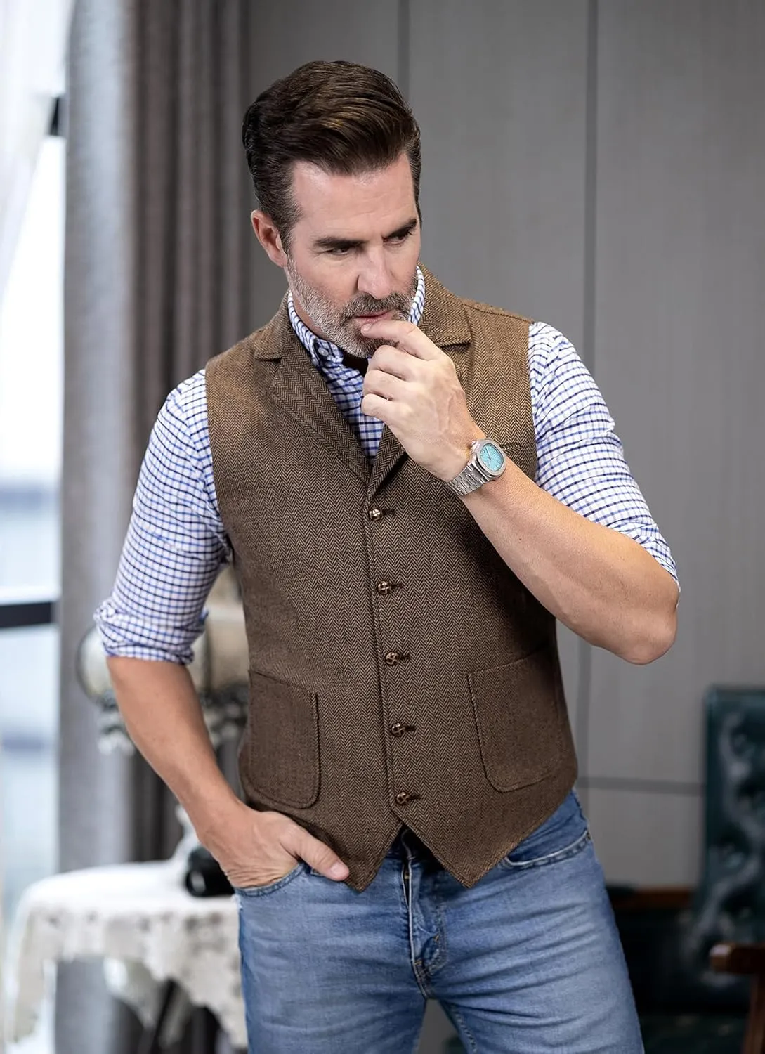 Mens Retro Suit Vest Tweed Wool Regular Fit Dress Waistcoat Herringbone for Jacket