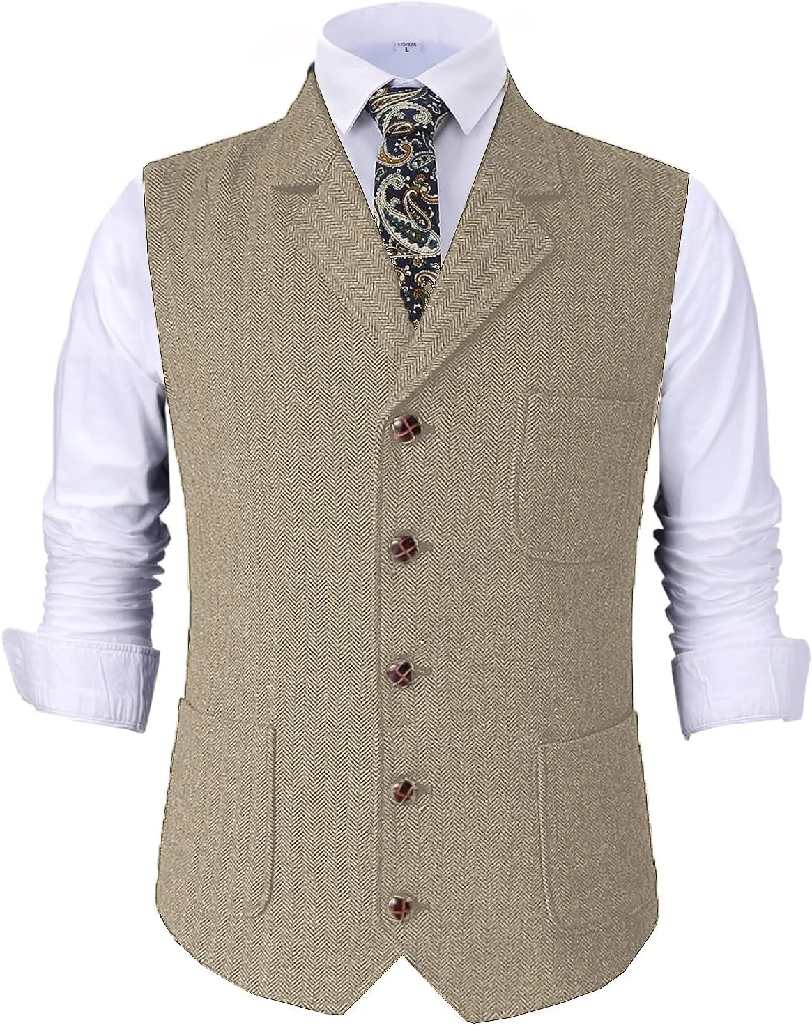 Mens Retro Suit Vest Tweed Wool Regular Fit Dress Waistcoat Herringbone for Jacket