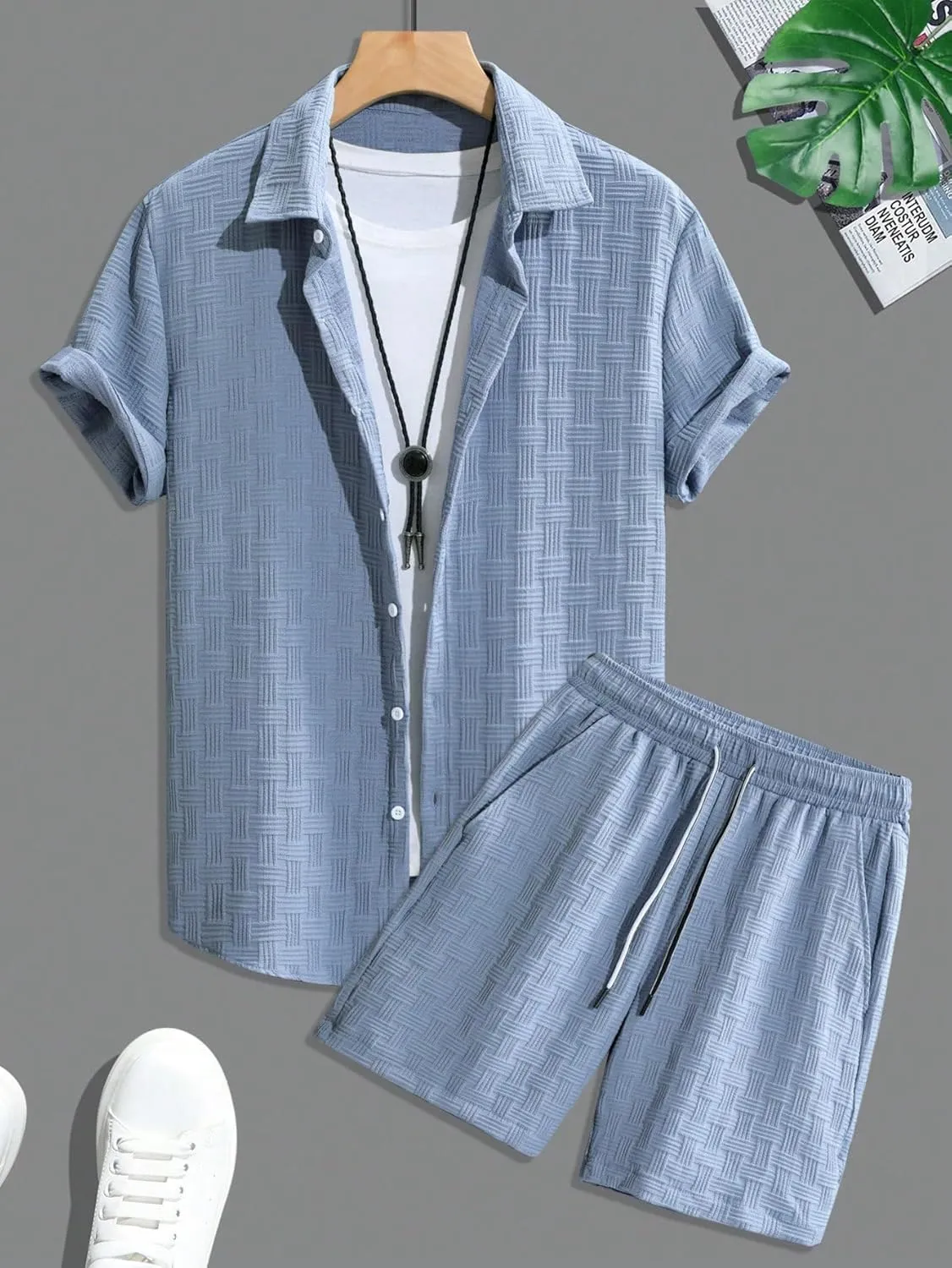 Men's Short Sets 2 Piece Outfits Button Down Linen Shirts and Short Sets Summer Beach Outfis