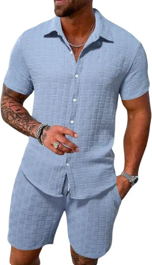 Men's Short Sets 2 Piece Outfits Button Down Linen Shirts and Short Sets Summer Beach Outfis