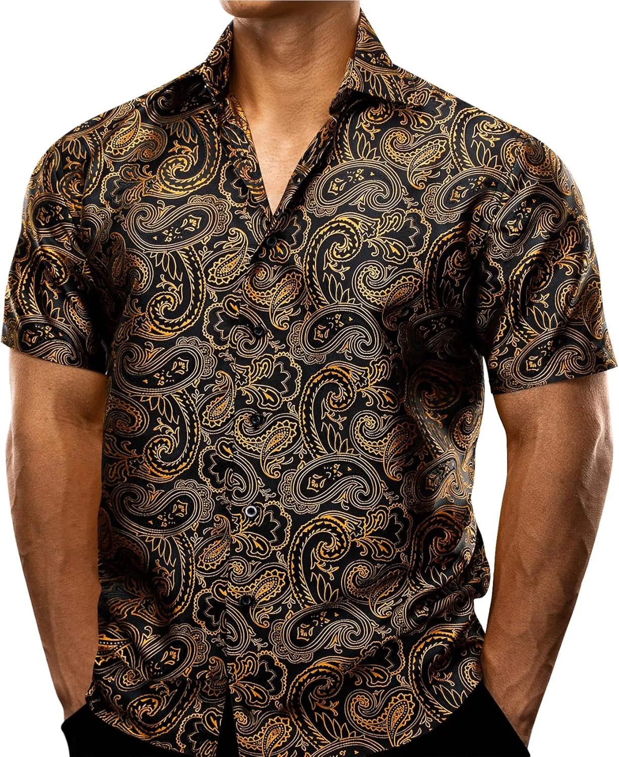 Men's Silk Shirt Paisley Floral Jacquard Short Sleeve Button Down Dress Shirts Formal Casual Wedding Party
