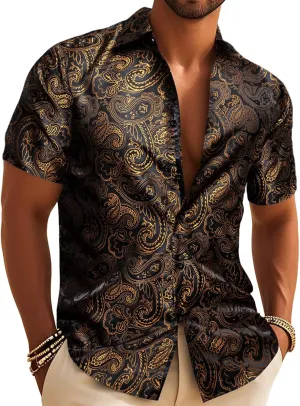 Men's Silk Shirt Paisley Floral Jacquard Short Sleeve Button Down Dress Shirts Formal Casual Wedding Party