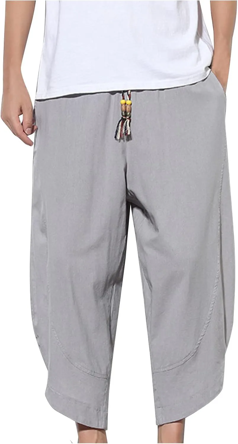 Men's Solid Color Drawstring Elastic Waist Ninth Pants Cotton Linen Sector Pant Leg Pants Retro Loose Stitching Trousers