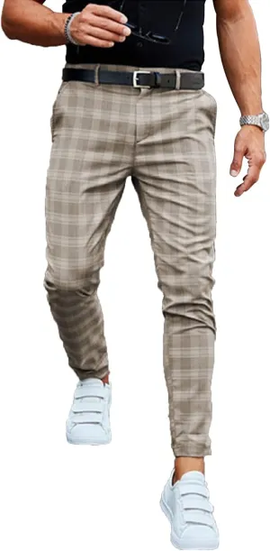 Mens Stretch Slim Fit Plaid Dress Pants with Pockets Checks Pattern Chino Trousers Fashion Casual Elasticity Button Pant (Khaki,Medium)
