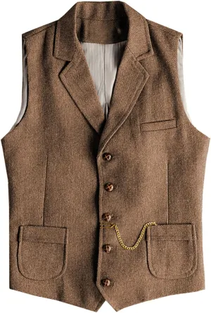 Men's Tweed Suit Vest Western Herringbone Wool Casual Waistcoat for Groomsman