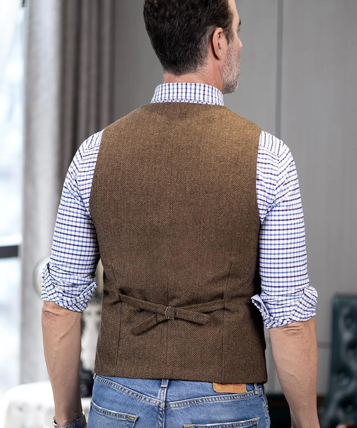 Men's Tweed Suit Vest Western Herringbone Wool Casual Waistcoat for Groomsman