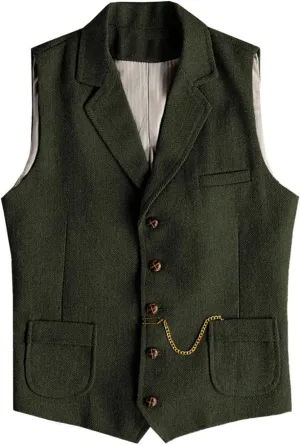 Men's Tweed Suit Vest Western Herringbone Wool Casual Waistcoat for Groomsman