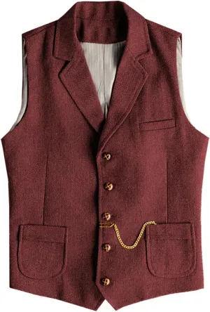 Men's Tweed Suit Vest Western Herringbone Wool Casual Waistcoat for Groomsman