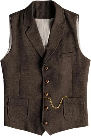 Men's Tweed Suit Vest Western Herringbone Wool Casual Waistcoat for Groomsman