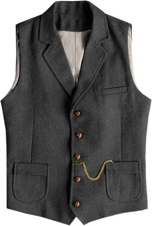 Men's Tweed Suit Vest Western Herringbone Wool Casual Waistcoat for Groomsman