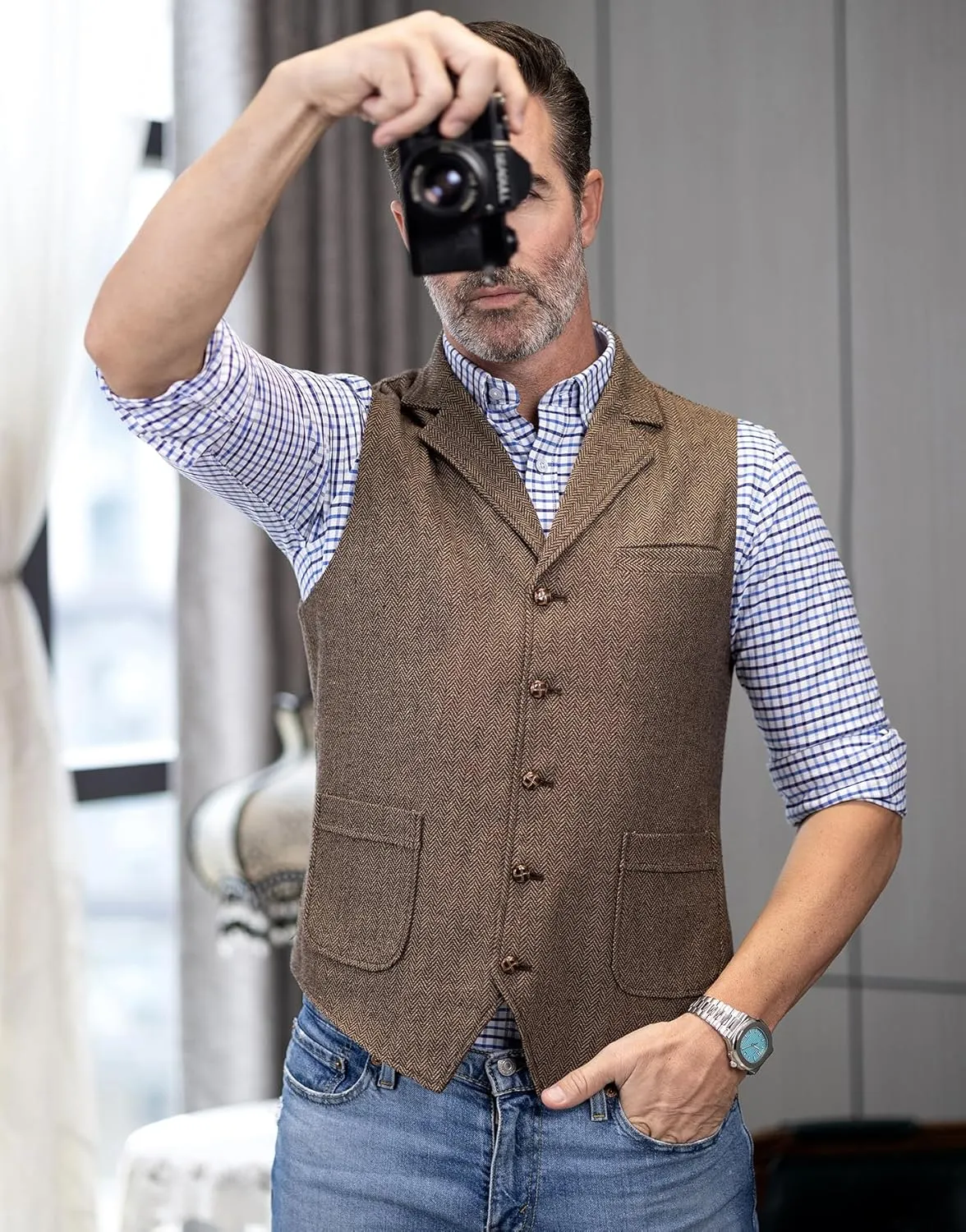 Men's Tweed Suit Vest Western Herringbone Wool Casual Waistcoat for Groomsman