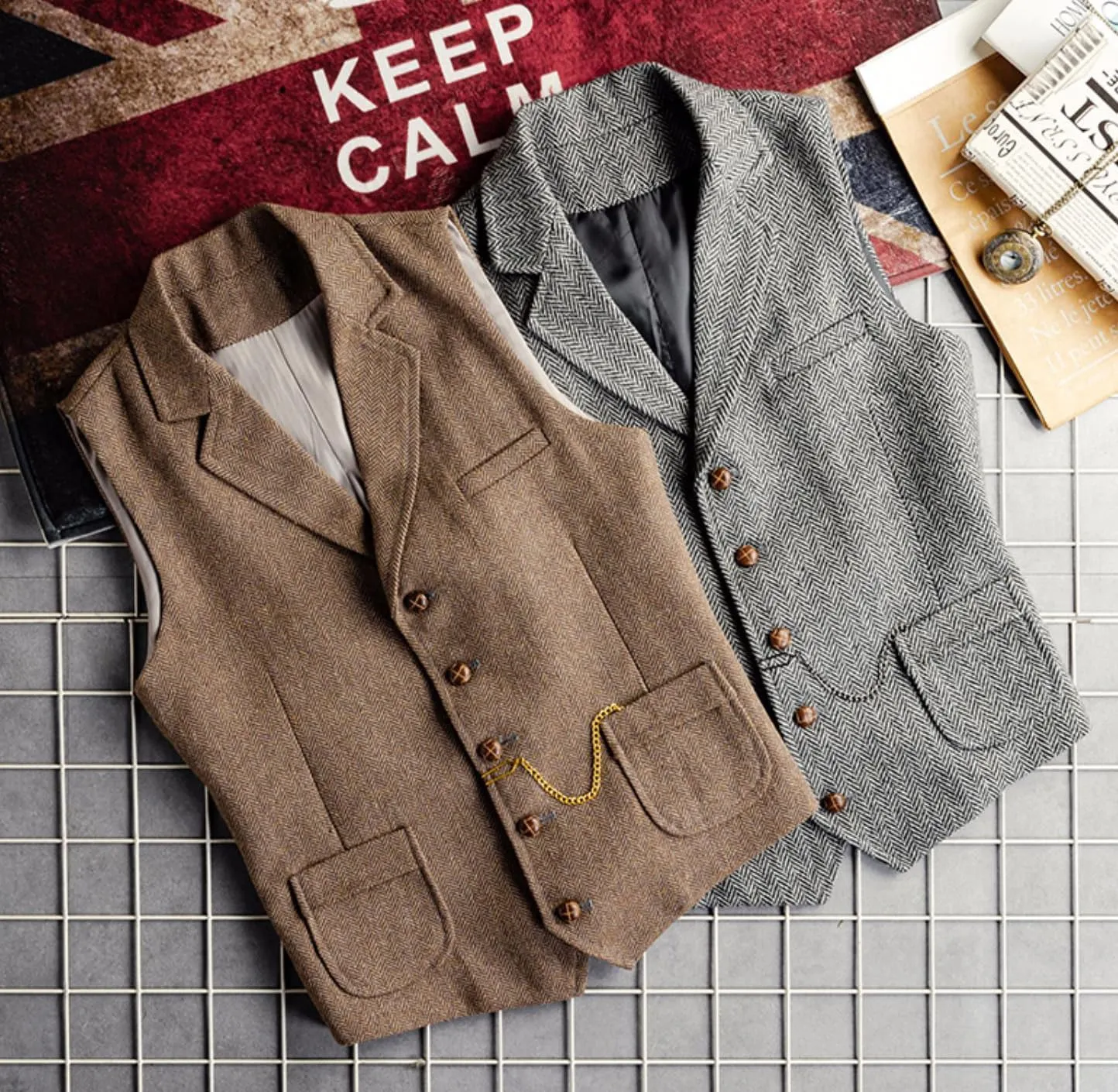Men's Tweed Suit Vest Western Herringbone Wool Casual Waistcoat for Groomsman