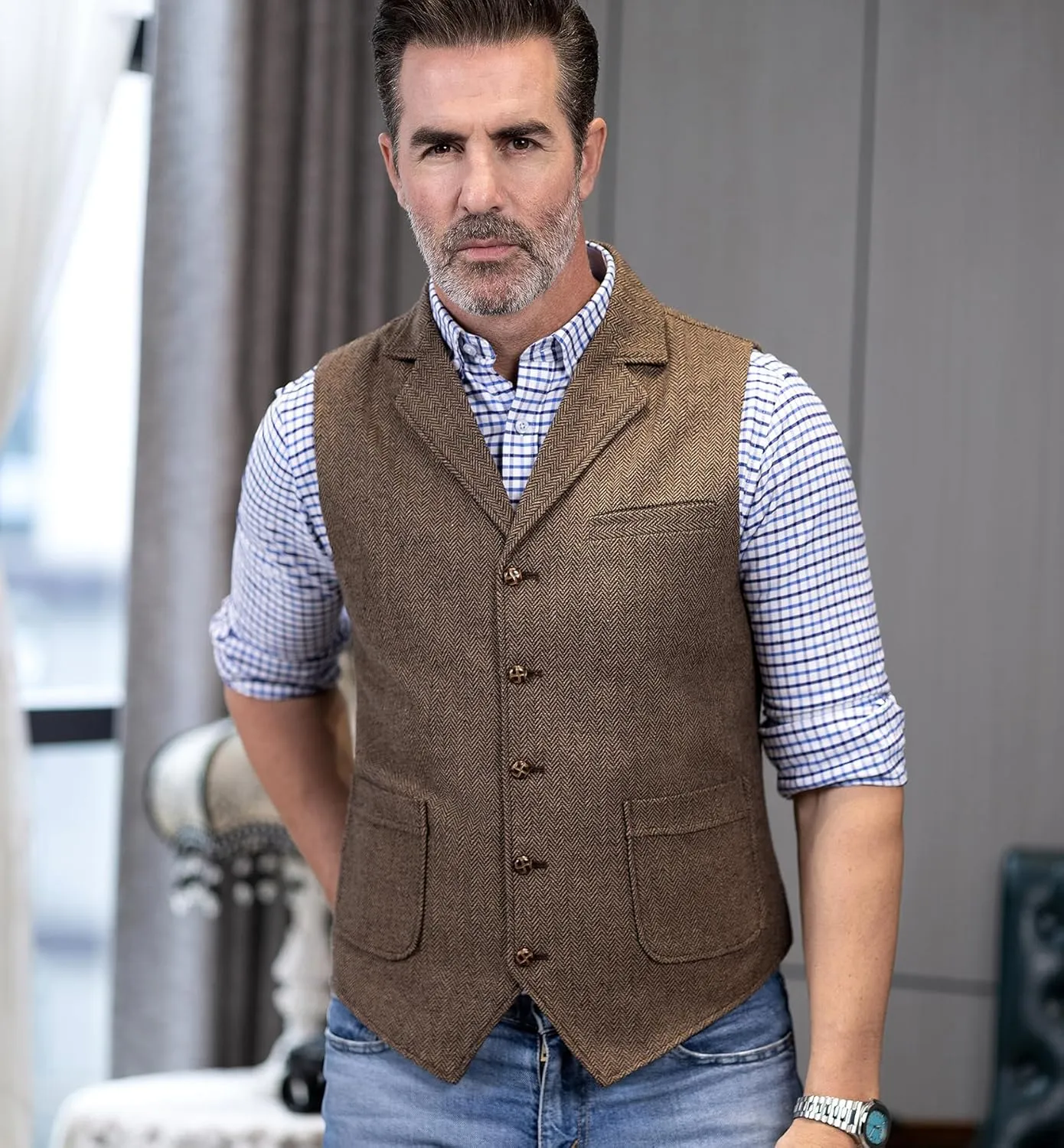 Men's Tweed Suit Vest Western Herringbone Wool Casual Waistcoat for Groomsman
