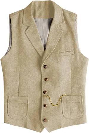 Men's Tweed Suit Vest Western Herringbone Wool Casual Waistcoat for Groomsman