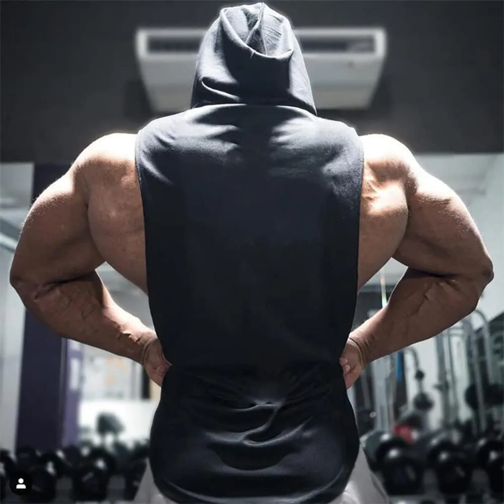 Men's Workout Hooded Tank Tops Sports Training Sleeveless Gym Hoodies Fitness Bodybuilding Cut Off Muscle Shirts
