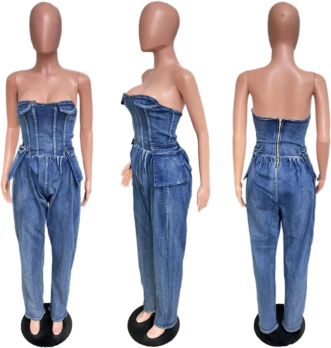 Molisry Women's Denim Jumpsuit Sexy Off Shoulder Sleeveless Tube Elastic Waisted Cargo Parachute Denim Pants Rompers