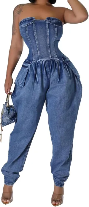 Molisry Women's Denim Jumpsuit Sexy Off Shoulder Sleeveless Tube Elastic Waisted Cargo Parachute Denim Pants Rompers