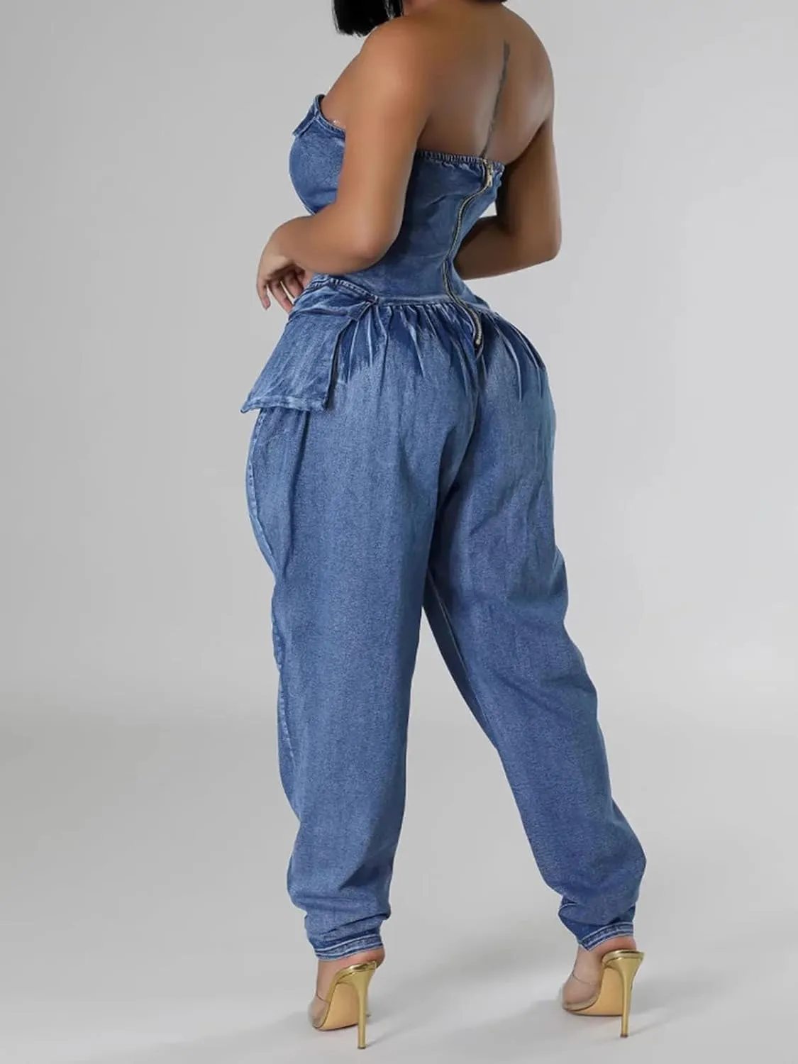 Molisry Women's Denim Jumpsuit Sexy Off Shoulder Sleeveless Tube Elastic Waisted Cargo Parachute Denim Pants Rompers