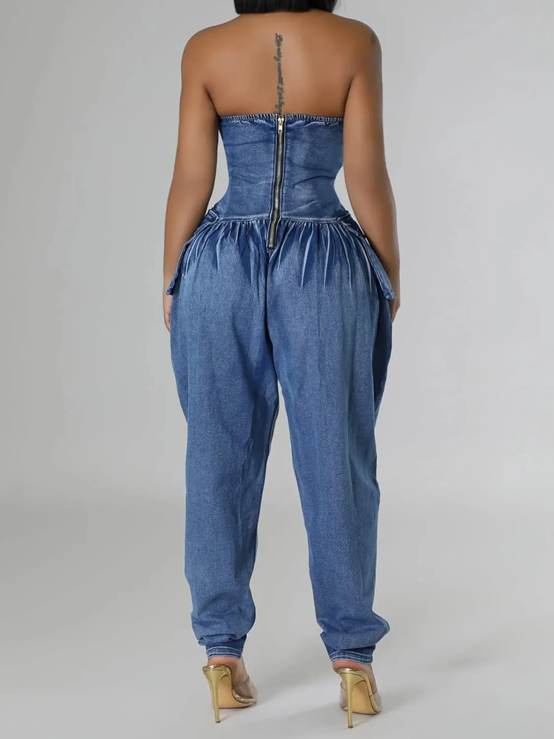 Molisry Women's Denim Jumpsuit Sexy Off Shoulder Sleeveless Tube Elastic Waisted Cargo Parachute Denim Pants Rompers