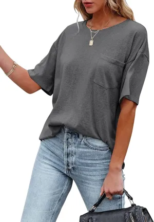 Muchpow Women's Crewneck Summer T Shirt Short Sleeve Casual Loose Tops with Pocket