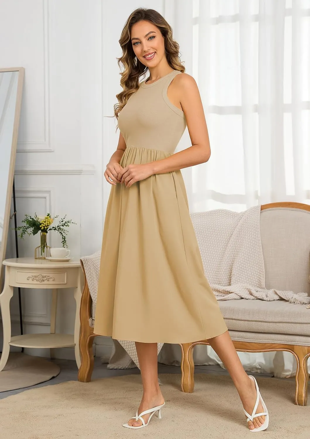 Naggoo Women's Sleeveless Dress Summer Casual Flowy Sundress Knit Tank Top Racerback Midi Dresses Pockets