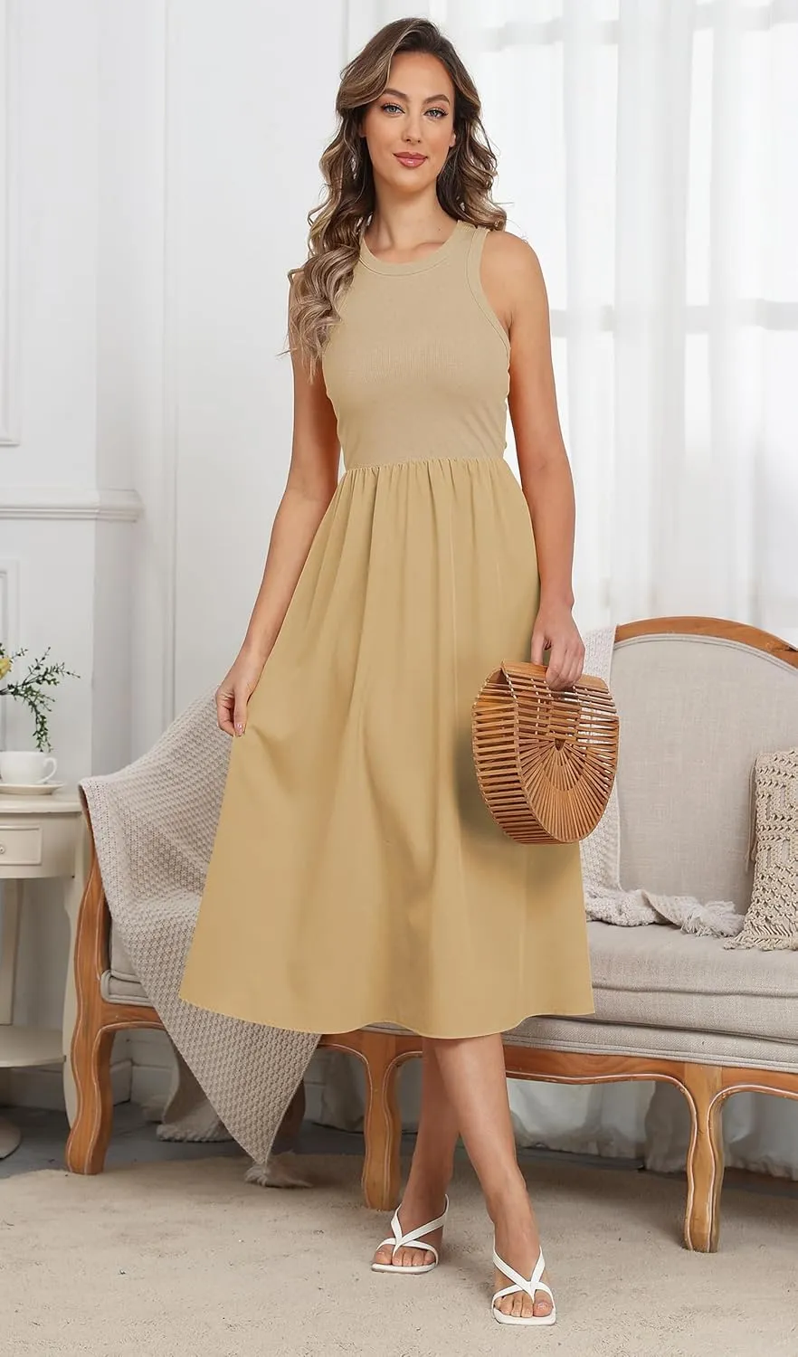Naggoo Women's Sleeveless Dress Summer Casual Flowy Sundress Knit Tank Top Racerback Midi Dresses Pockets