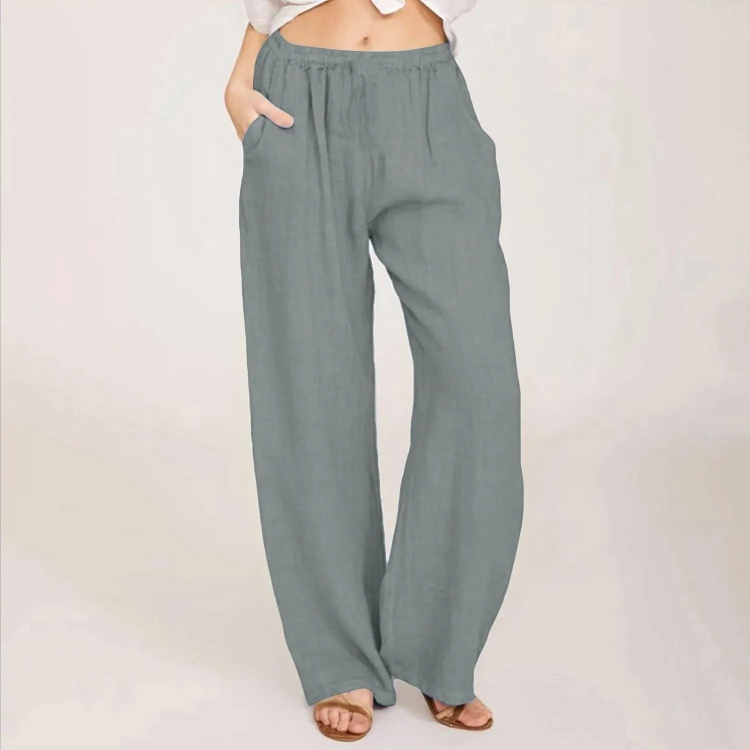 NBXNZWF Women's Cotton Linen Pants 2025 Summer Casual Straight Leg Trousers Wide Leg Loose Fit Long Pants with Pockets