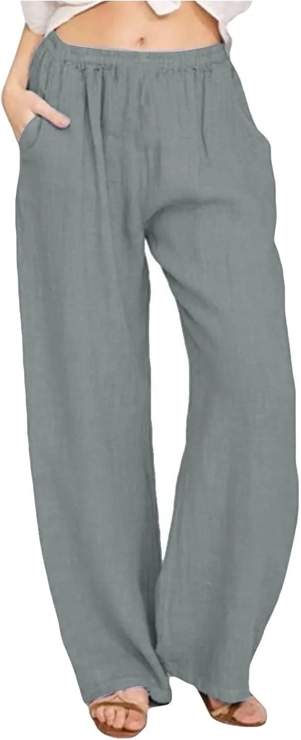 NBXNZWF Women's Cotton Linen Pants 2025 Summer Casual Straight Leg Trousers Wide Leg Loose Fit Long Pants with Pockets