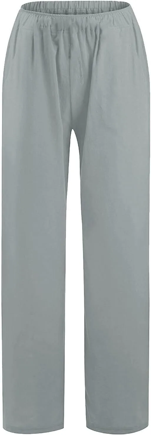 NBXNZWF Women's Cotton Linen Pants 2025 Summer Casual Straight Leg Trousers Wide Leg Loose Fit Long Pants with Pockets