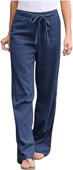 niuwa Women Cotton Linen Trousers Summer Solid Color Wide Leg Pants Elastic Waist Loose Lounge Pants Sweatpants (Blue, XXXXL)