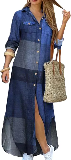 OMZIN Women's Shirts Long Dresses Button Down Vintage Printed Lapel Dress Roll up Long Sleeve Dress