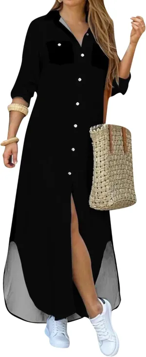 OMZIN Women's Shirts Long Dresses Button Down Vintage Printed Lapel Dress Roll up Long Sleeve Dress