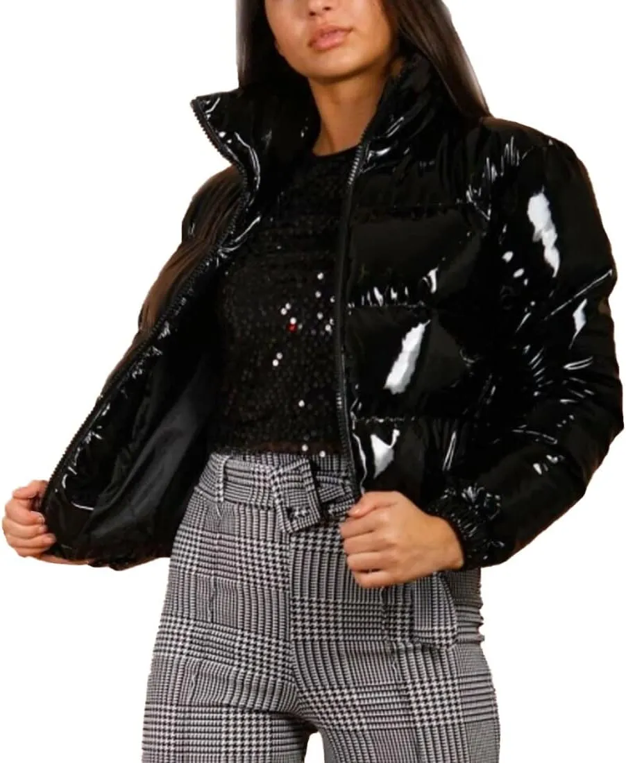 ONLYWOOD Womens Winter Metallic Crop Short Puffer Cotton-Padded Bubble Jackets