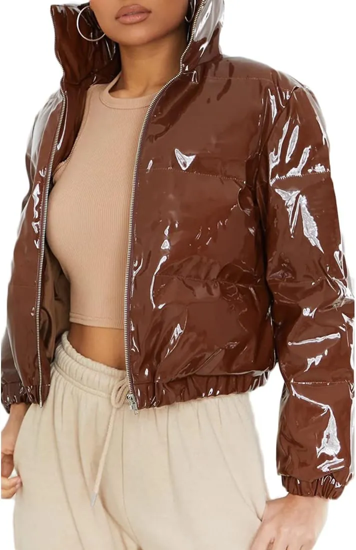 ONLYWOOD Womens Winter Metallic Crop Short Puffer Cotton-Padded Bubble Jackets
