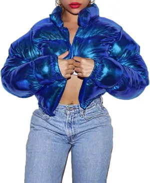 ONLYWOOD Womens Winter Metallic Crop Short Puffer Cotton-Padded Bubble Jackets