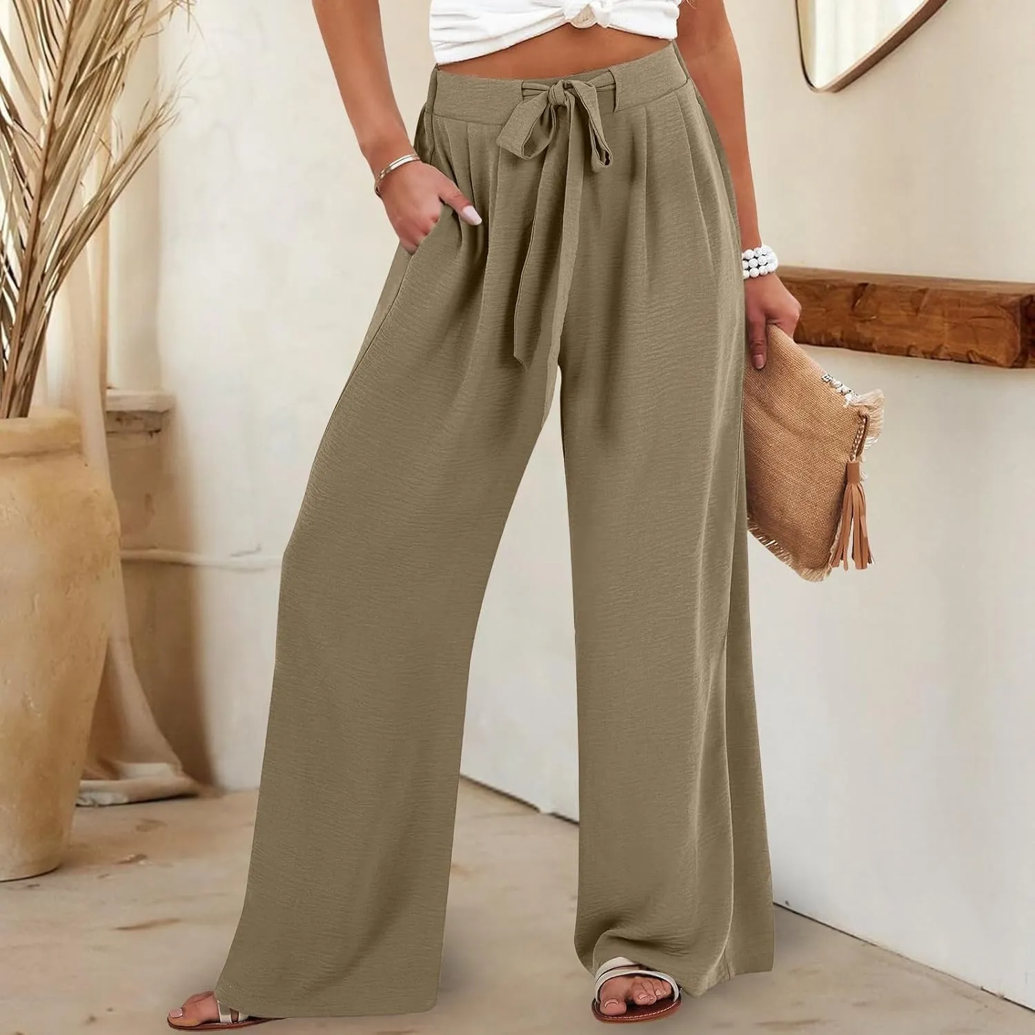 Palazzo Pants for Women Casual Tie High Waist Baggy Flowy Pants Beach Boho Business Dressy Lounge Slacks with Pockets