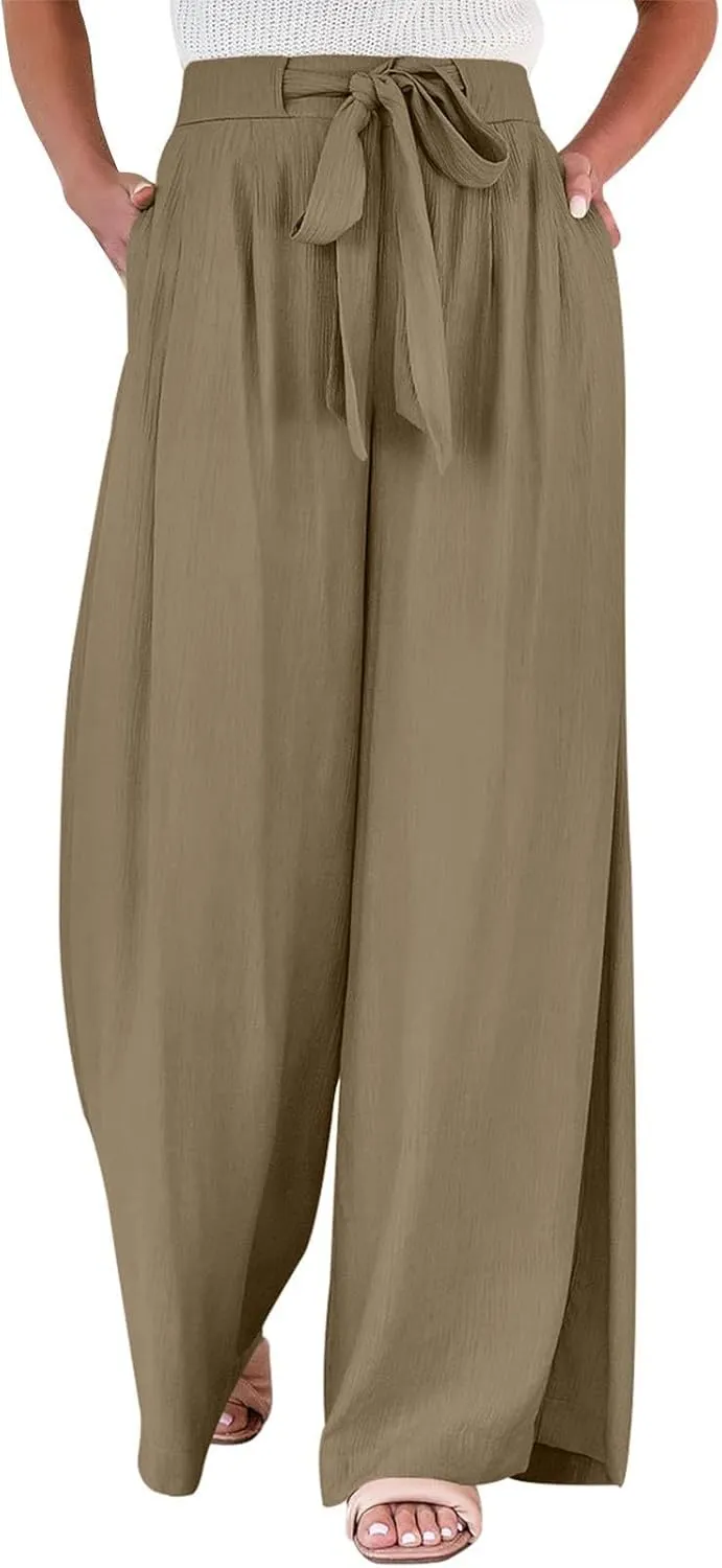 Palazzo Pants for Women Casual Tie High Waist Baggy Flowy Pants Beach Boho Business Dressy Lounge Slacks with Pockets