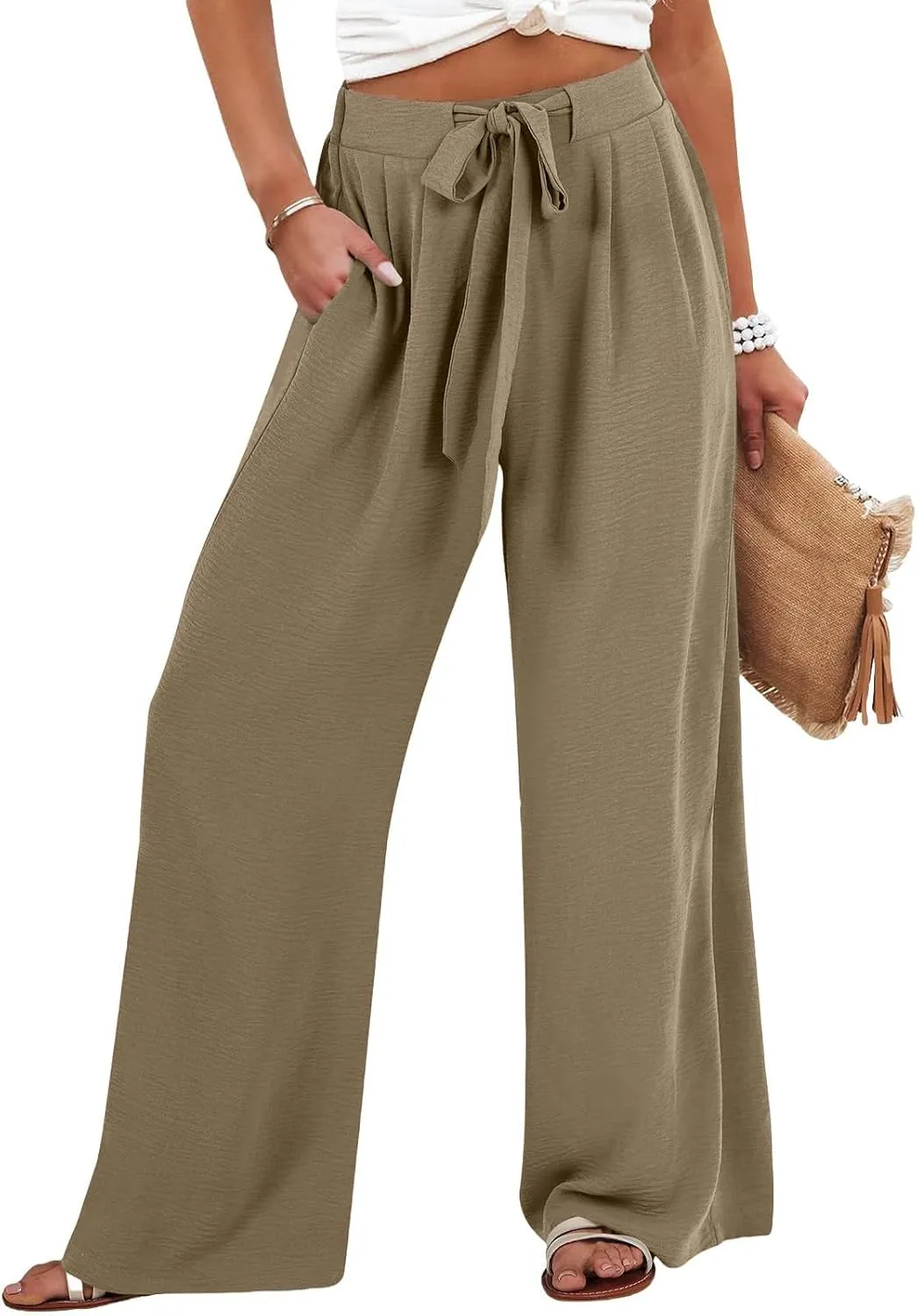 Palazzo Pants for Women Casual Tie High Waist Baggy Flowy Pants Beach Boho Business Dressy Lounge Slacks with Pockets