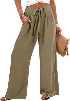 Palazzo Pants for Women Casual Tie High Waist Baggy Flowy Pants Beach Boho Business Dressy Lounge Slacks with Pockets