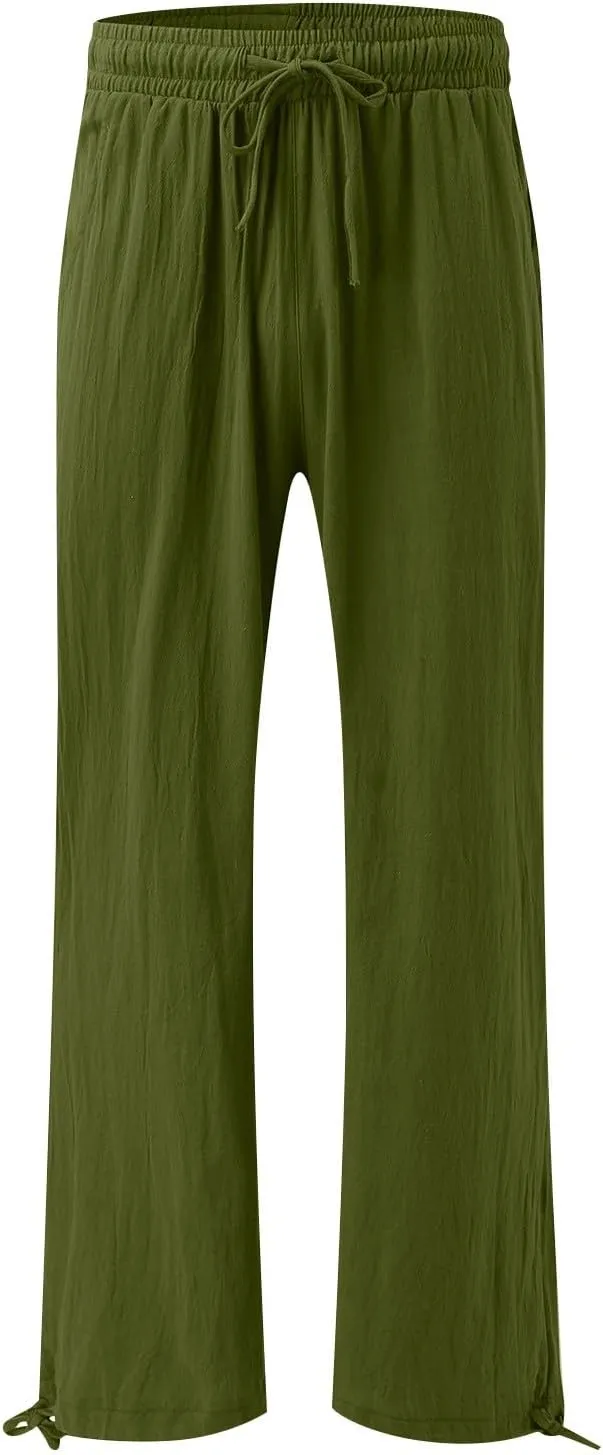 Pants for Women Cotton Linen Casual Summer 2025 Straight Leg Loose Drawstring Elastic Waist Cropped Trouser Plus Size