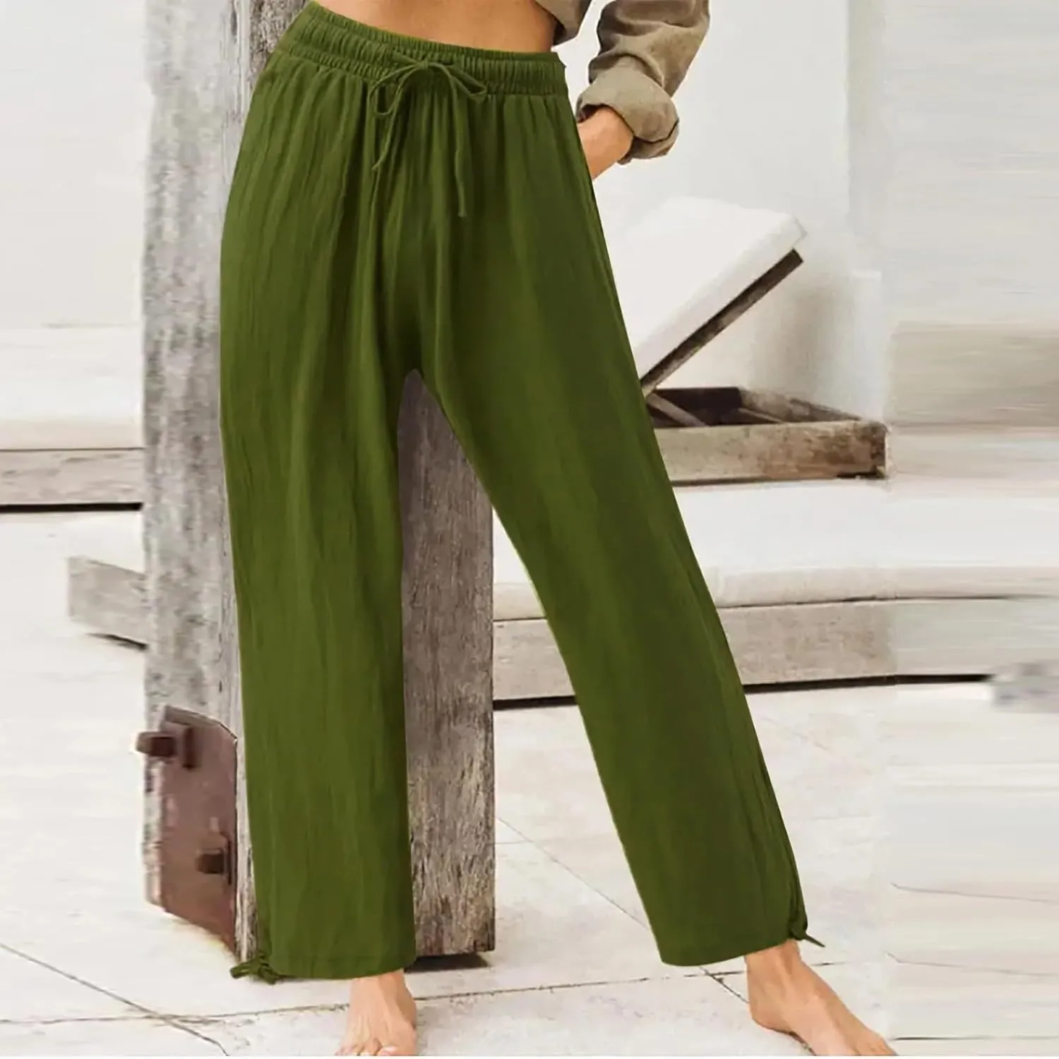 Pants for Women Cotton Linen Casual Summer 2025 Straight Leg Loose Drawstring Elastic Waist Cropped Trouser Plus Size