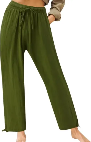 Pants for Women Cotton Linen Casual Summer 2025 Straight Leg Loose Drawstring Elastic Waist Cropped Trouser Plus Size