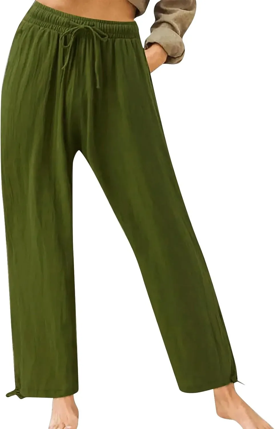 Pants for Women Cotton Linen Casual Summer 2025 Straight Leg Loose Drawstring Elastic Waist Cropped Trouser Plus Size